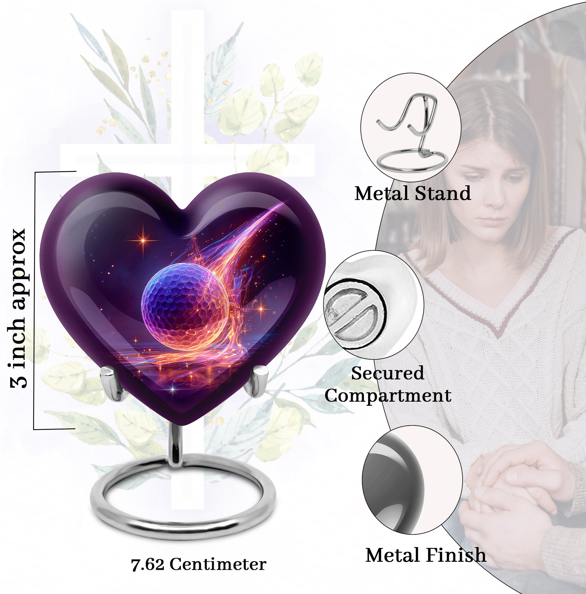 Cornflower Blue Golf Cremation Urn front view showing detailed design - compassionate heart-golf combination with gentle curves - mini keepsake memorial for portion of cremation ashes