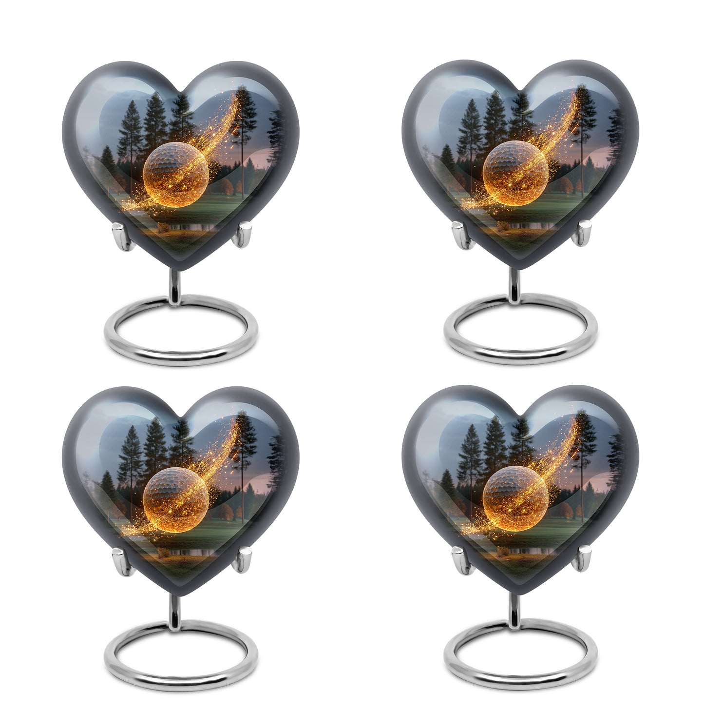 Powder Blue Golf Cremation Urn angled view of lid and engraved motif - loving heart memorial featuring golf pattern - 10 inch aluminum urn for cremated remains