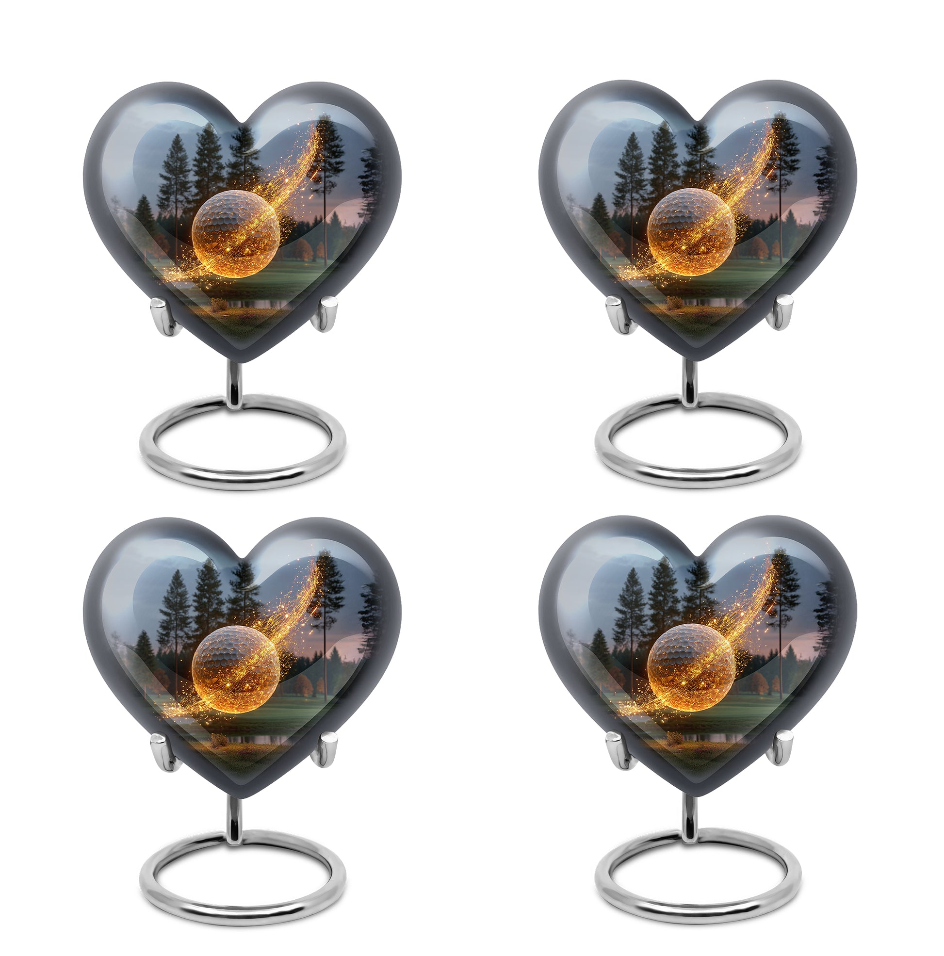 Powder Blue Golf Cremation Urn angled view of lid and engraved motif - loving heart memorial featuring golf pattern - 10 inch aluminum urn for cremated remains