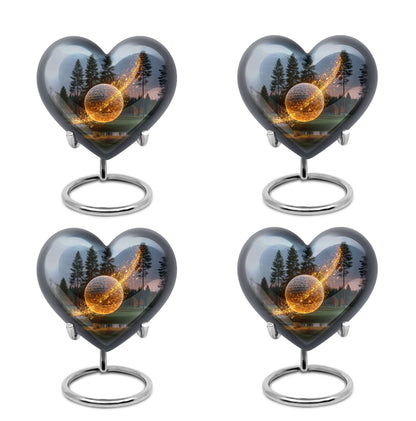 Powder Blue Golf Cremation Urn angled view of lid and engraved motif - loving heart memorial featuring golf pattern - 10 inch aluminum urn for cremated remains