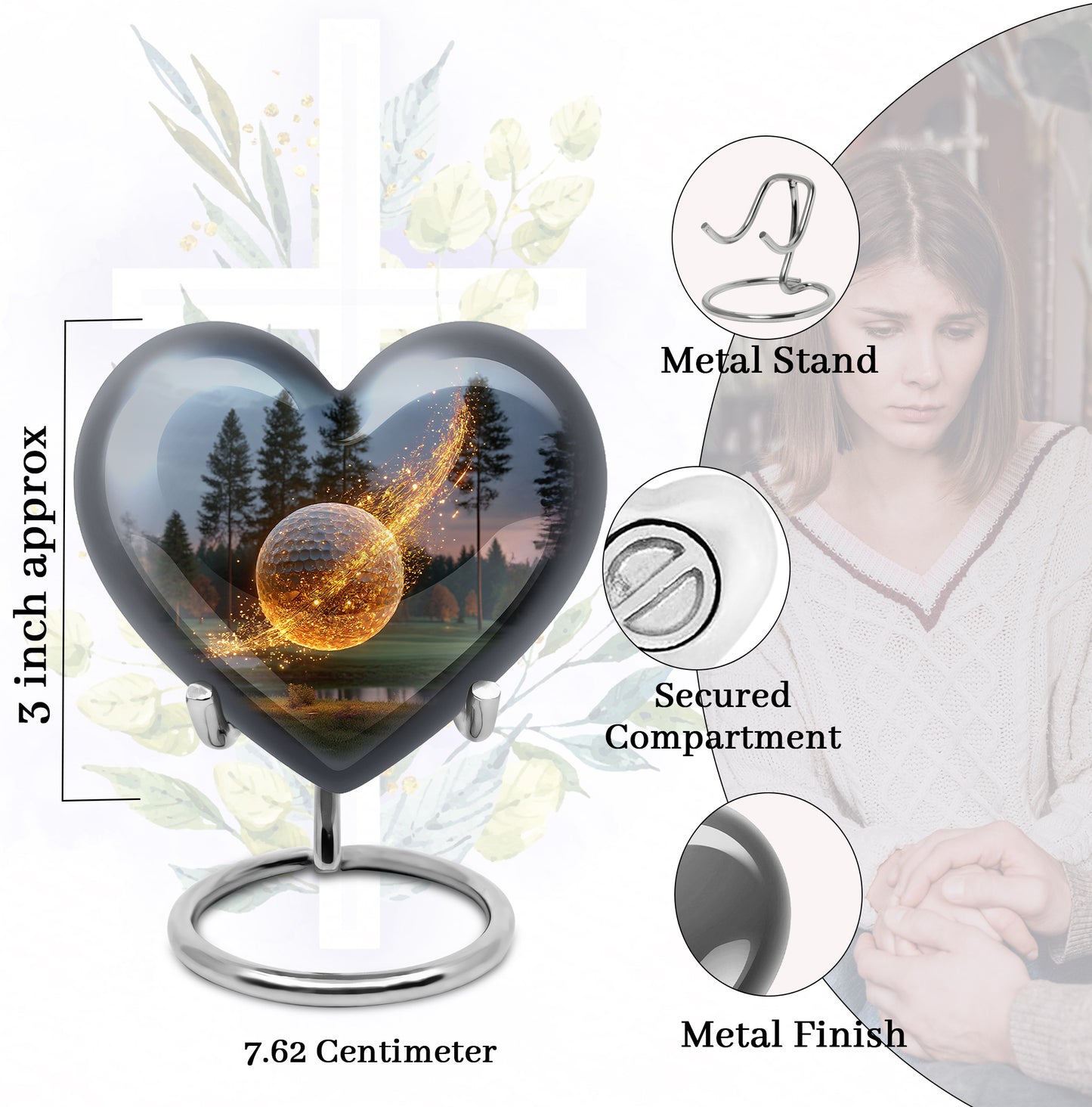Azure Golf Cremation Urn front view showing detailed design - heart-shaped golf design symbolizing eternal love - mini keepsake memorial for portion of cremation ashes