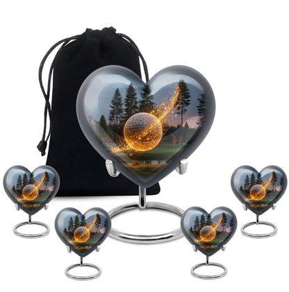 Bright Blue Golf Cremation Urn close-up of engraving and surface detail - romantic heart urn with golf motif on aluminum - memorial set with one large and four small urns