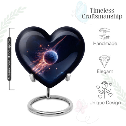Cobalt Blue Golf Cremation Urn front view showing detailed design - romantic heart urn with golf motif on aluminum - mini keepsake memorial for portion of cremation ashes