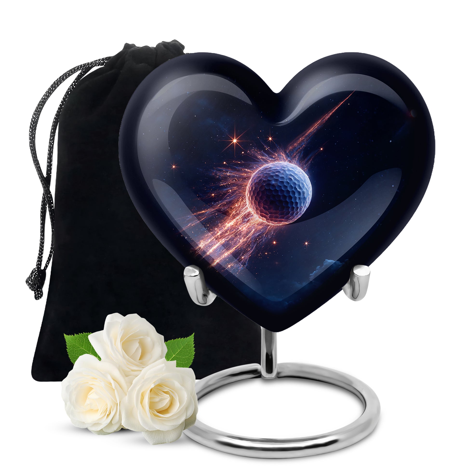 Serene Blue Golf Cremation Urn detail view - romantic heart urn with golf motif on aluminum - full-size 10 inch 200 cubic inch adult cremation urn