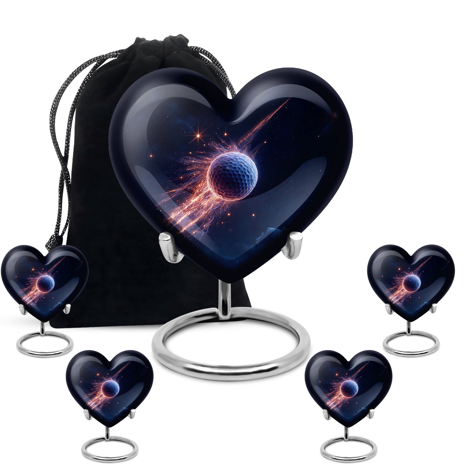 Powder Blue Golf Cremation Urn close-up of engraving and surface detail - heart-shaped golf design symbolizing eternal love - memorial set with one large and four small urns