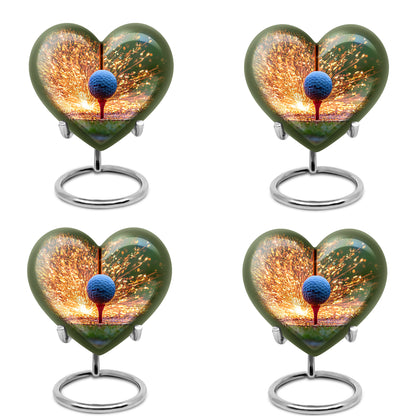Sunrise Gold Golf Cremation Urn angled view of lid and engraved motif - loving heart memorial featuring golf pattern - 10 inch aluminum urn for cremated remains