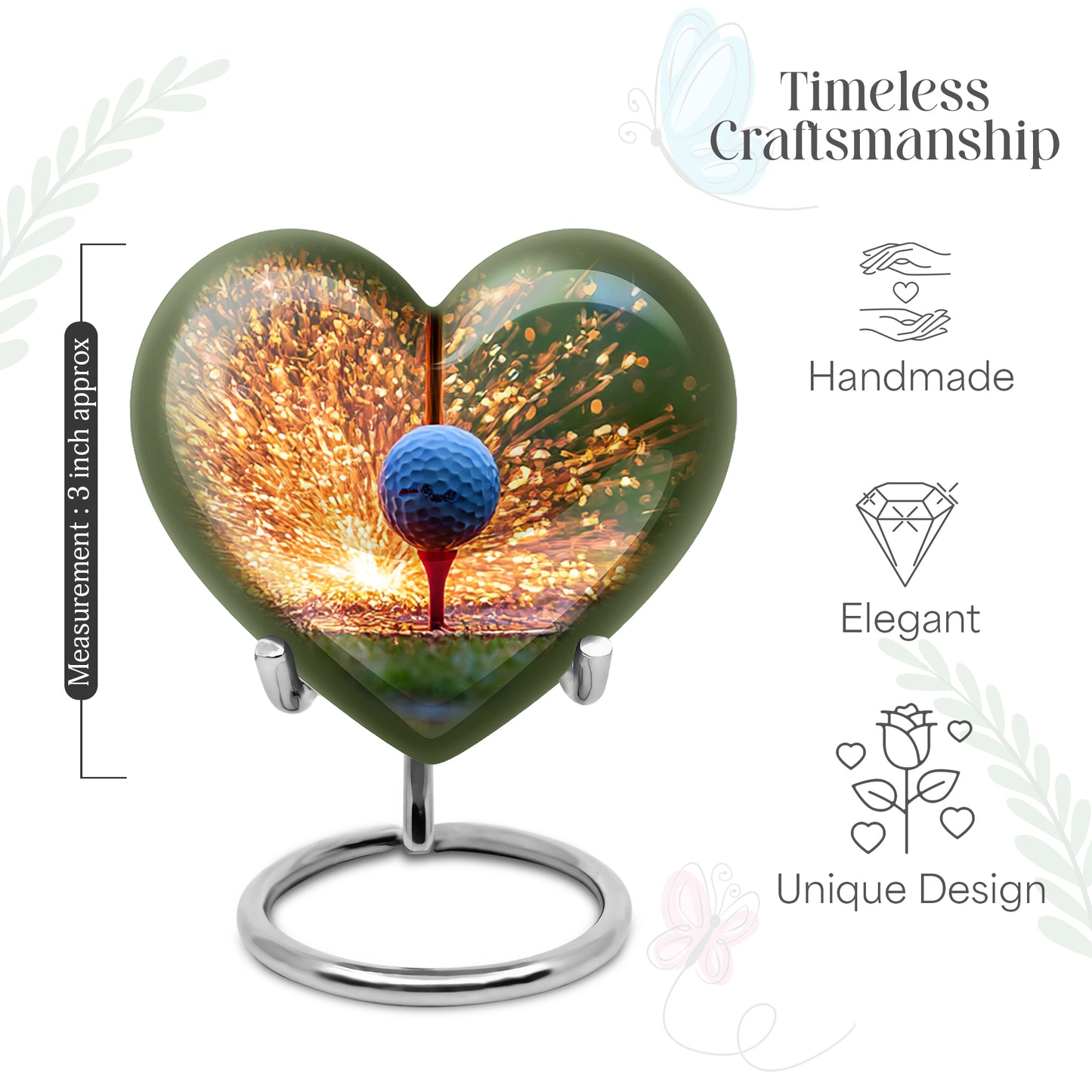 Amber Gold Golf Cremation Urn front view showing detailed design - loving heart memorial featuring golf pattern - mini keepsake memorial for portion of cremation ashes
