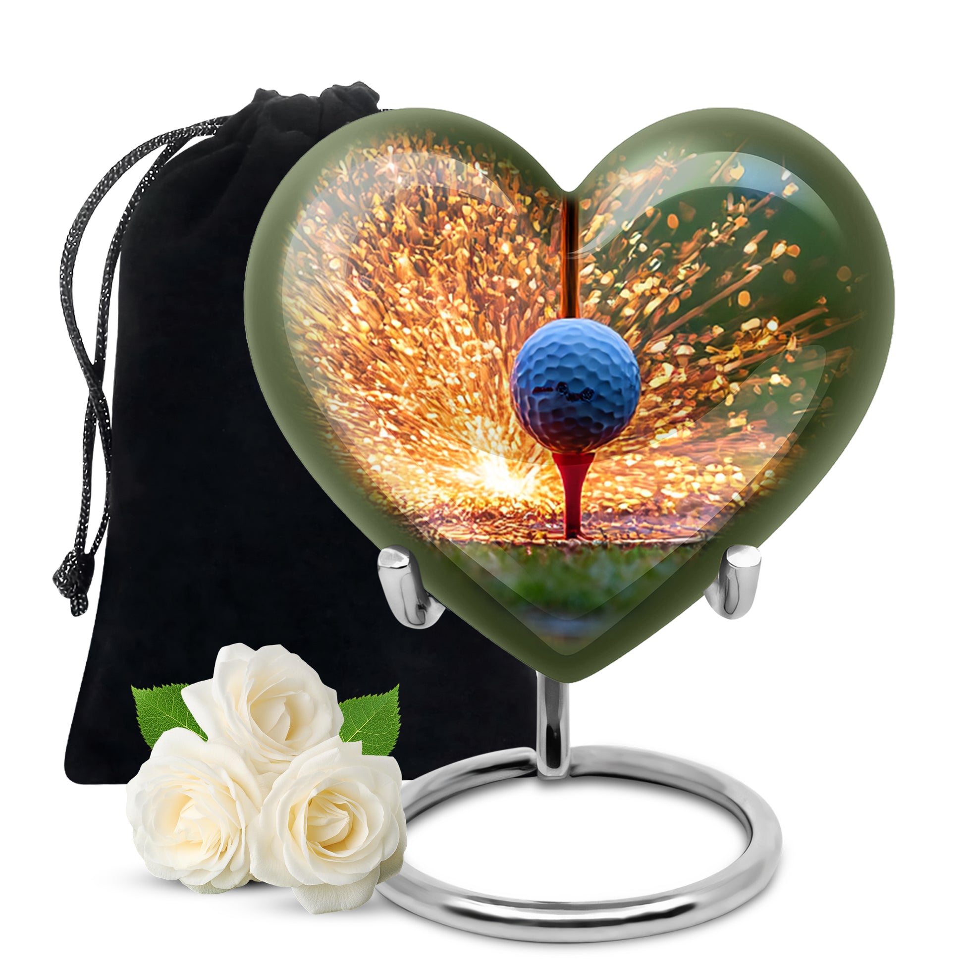 Antique Gold Golf Cremation Urn detail view - heart-shaped golf design symbolizing eternal love - full-size 10 inch 200 cubic inch adult cremation urn