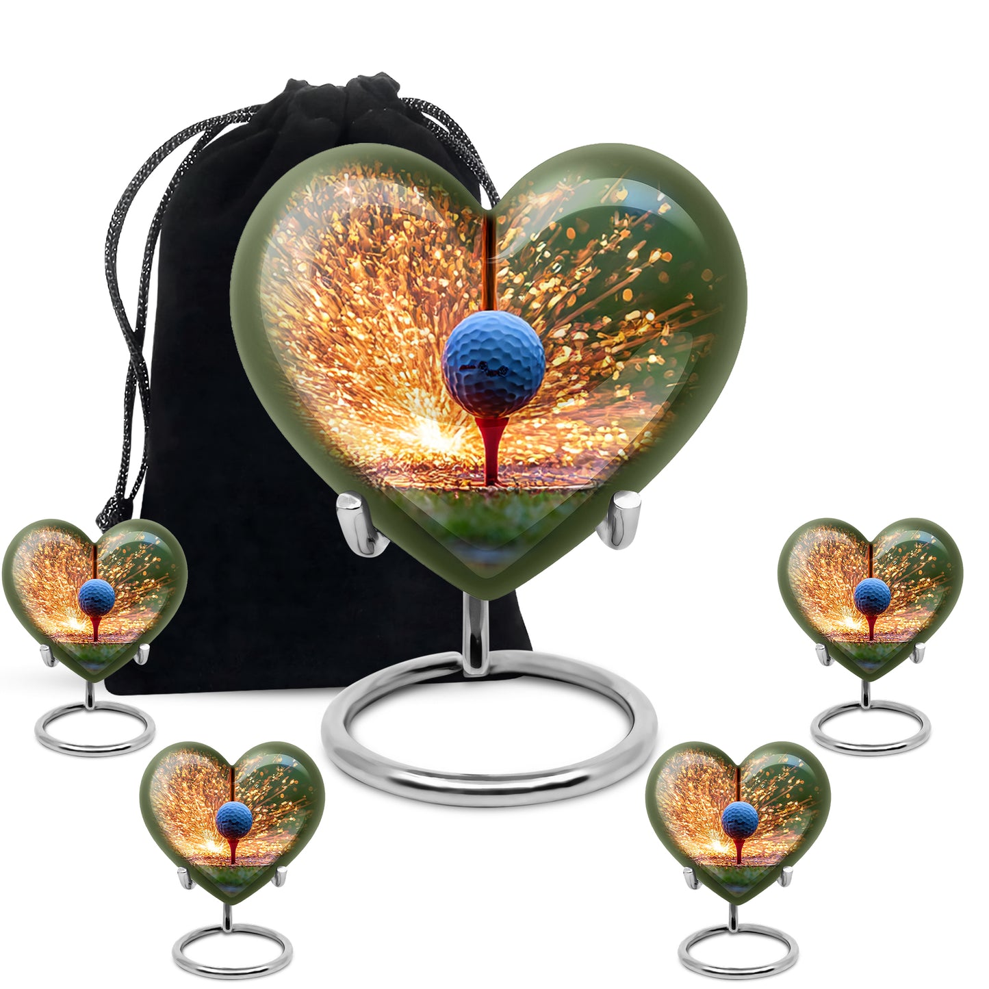 Warm Gold Golf Cremation Urn close-up of engraving and surface detail - compassionate heart-golf combination with gentle curves - memorial set with one large and four small urns