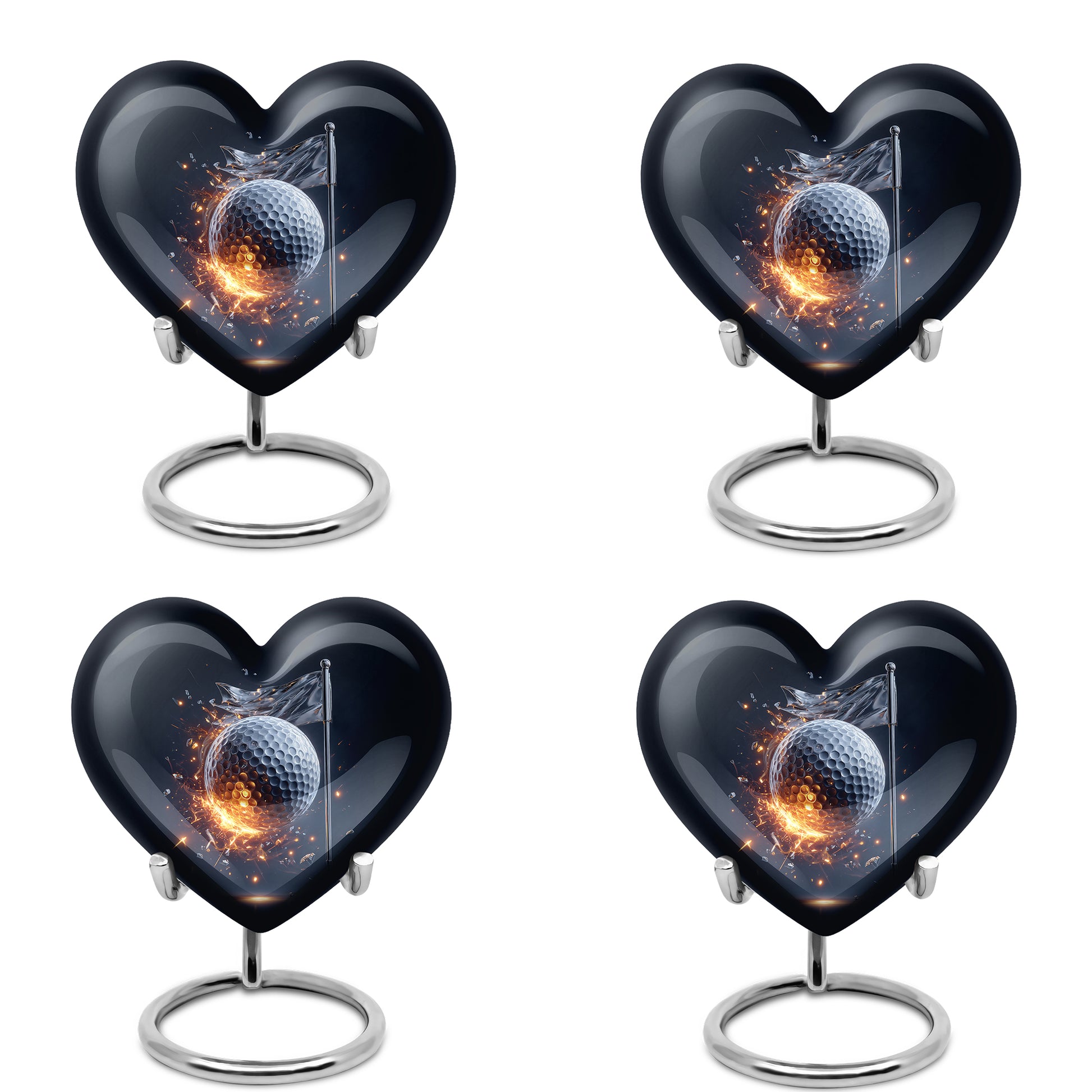 Twilight Blue Golf Cremation Urn angled view of lid and engraved motif - compassionate heart-golf combination with gentle curves - 10 inch aluminum urn for cremated remains