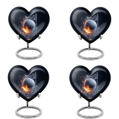 Twilight Blue Golf Cremation Urn angled view of lid and engraved motif - compassionate heart-golf combination with gentle curves - 10 inch aluminum urn for cremated remains
