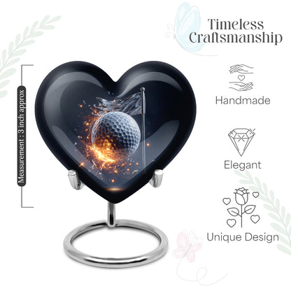 Navy Blue Golf Cremation Urn front view showing detailed design - heart-shaped golf design symbolizing eternal love - mini keepsake memorial for portion of cremation ashes