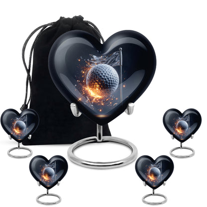 Steel Blue Golf Cremation Urn close-up of engraving and surface detail - compassionate heart-golf combination with gentle curves - memorial set with one large and four small urns