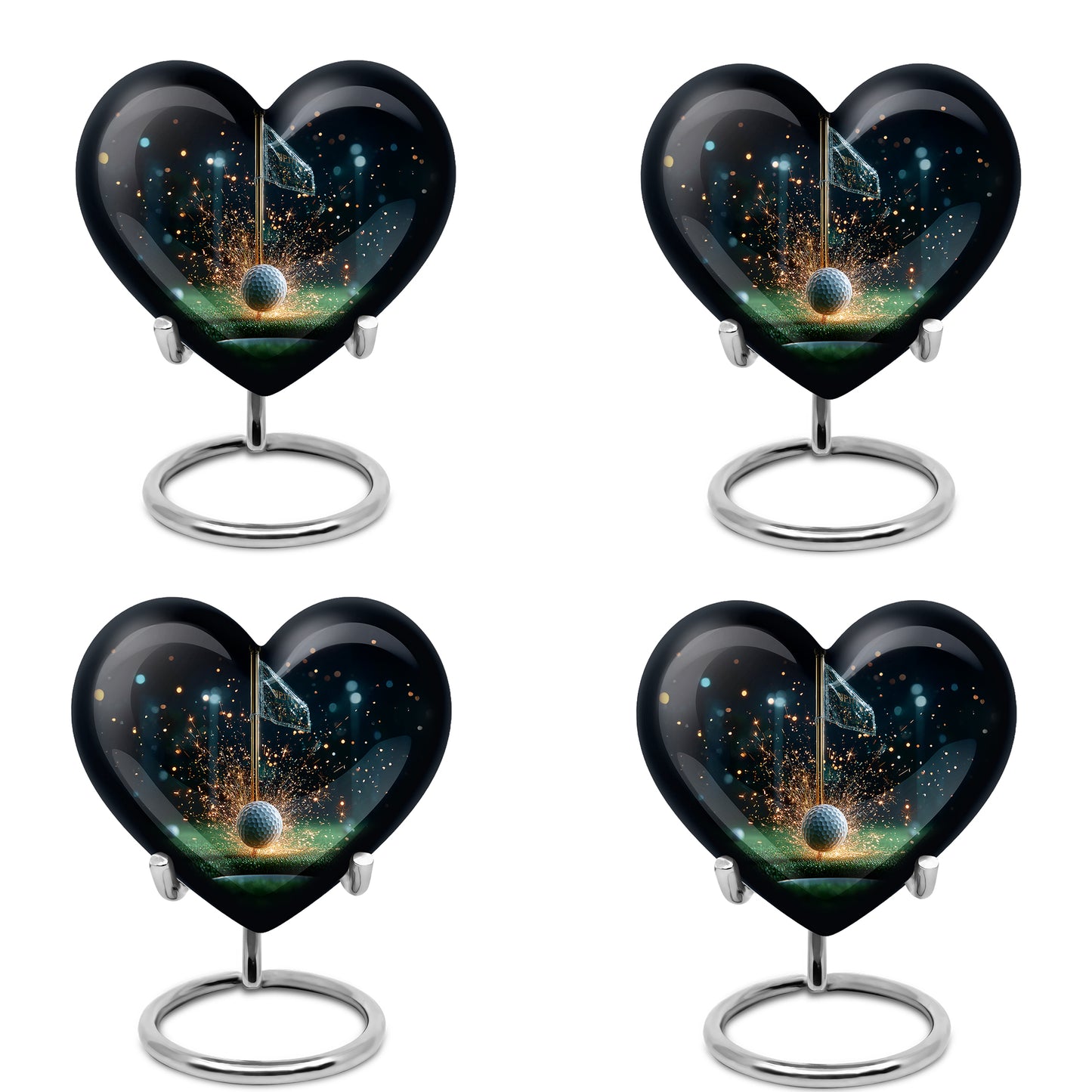 Deep Black Golf Cremation Urn angled view of lid and engraved motif - loving heart memorial featuring golf pattern - 10 inch aluminum urn for cremated remains