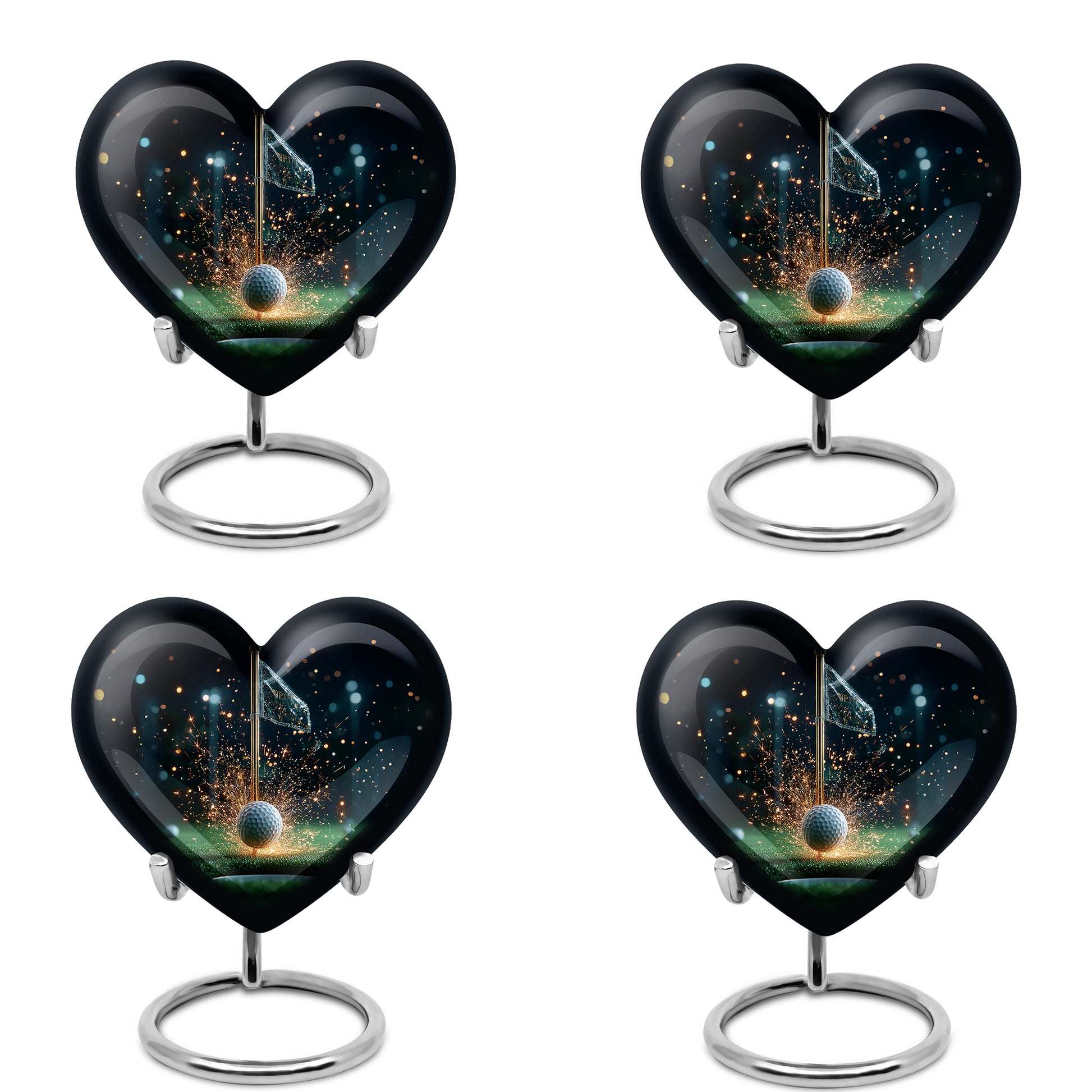 Deep Black Golf Cremation Urn angled view of lid and engraved motif - loving heart memorial featuring golf pattern - 10 inch aluminum urn for cremated remains