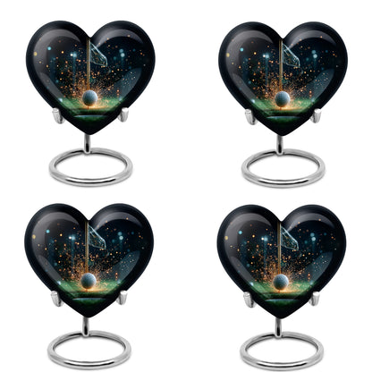 Deep Black Golf Cremation Urn angled view of lid and engraved motif - loving heart memorial featuring golf pattern - 10 inch aluminum urn for cremated remains