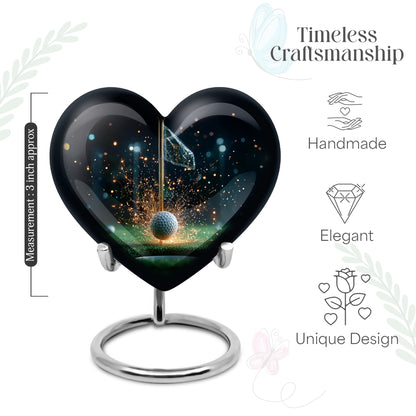Onyx Black Golf Cremation Urn front view showing detailed design - romantic heart urn with golf motif on aluminum - mini keepsake memorial for portion of cremation ashes