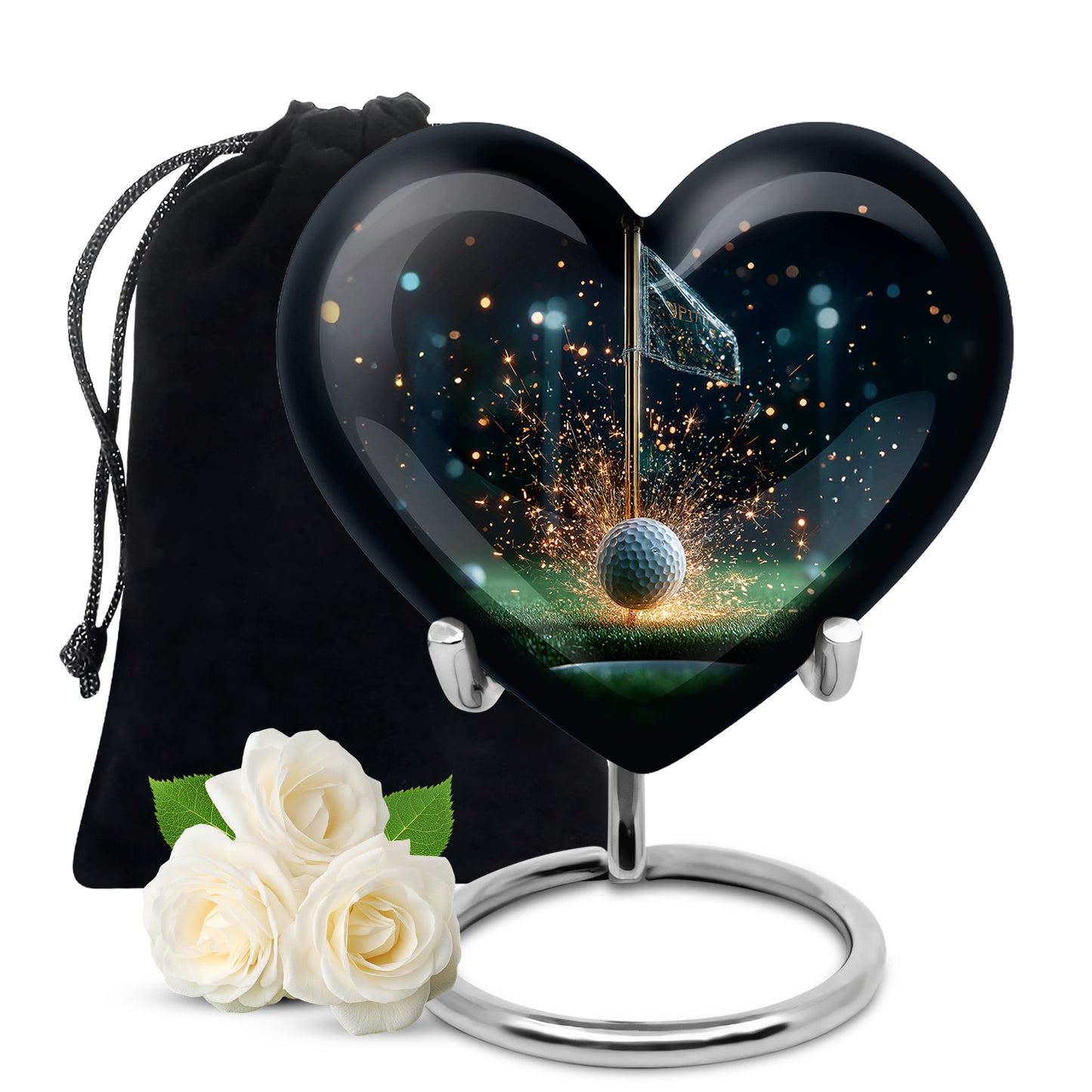 Midnight Black Golf Cremation Urn detail view - compassionate heart-golf combination with gentle curves - full-size 10 inch 200 cubic inch adult cremation urn