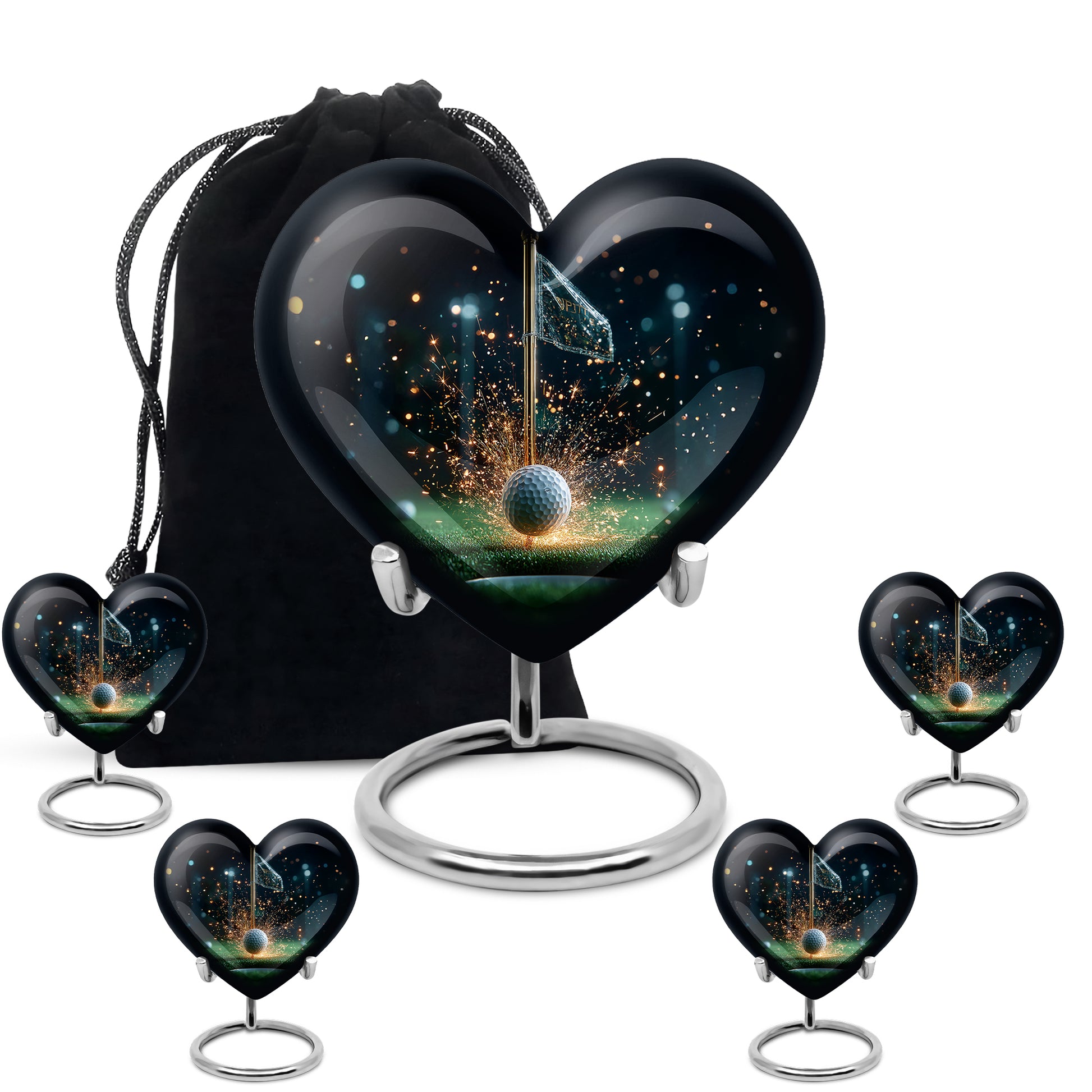 Glossy Black Golf Cremation Urn close-up of engraving and surface detail - loving heart memorial featuring golf pattern - memorial set with one large and four small urns