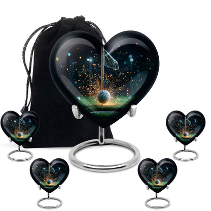 Glossy Black Golf Cremation Urn close-up of engraving and surface detail - loving heart memorial featuring golf pattern - memorial set with one large and four small urns