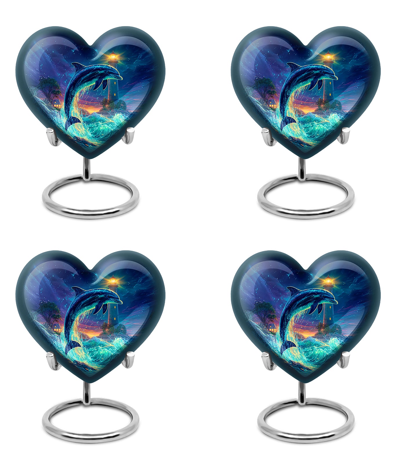 Twilight Blue Dolphin Cremation Urn angled view of lid and engraved motif - romantic heart urn with dolphin motif on aluminum - 10 inch aluminum urn for cremated remains