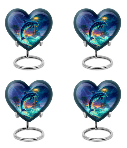 Twilight Blue Dolphin Cremation Urn angled view of lid and engraved motif - romantic heart urn with dolphin motif on aluminum - 10 inch aluminum urn for cremated remains