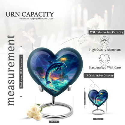 Dusty Blue Dolphin Cremation Urn front view showing detailed design - heart-shaped dolphin design symbolizing eternal love - mini keepsake memorial for portion of cremation ashes