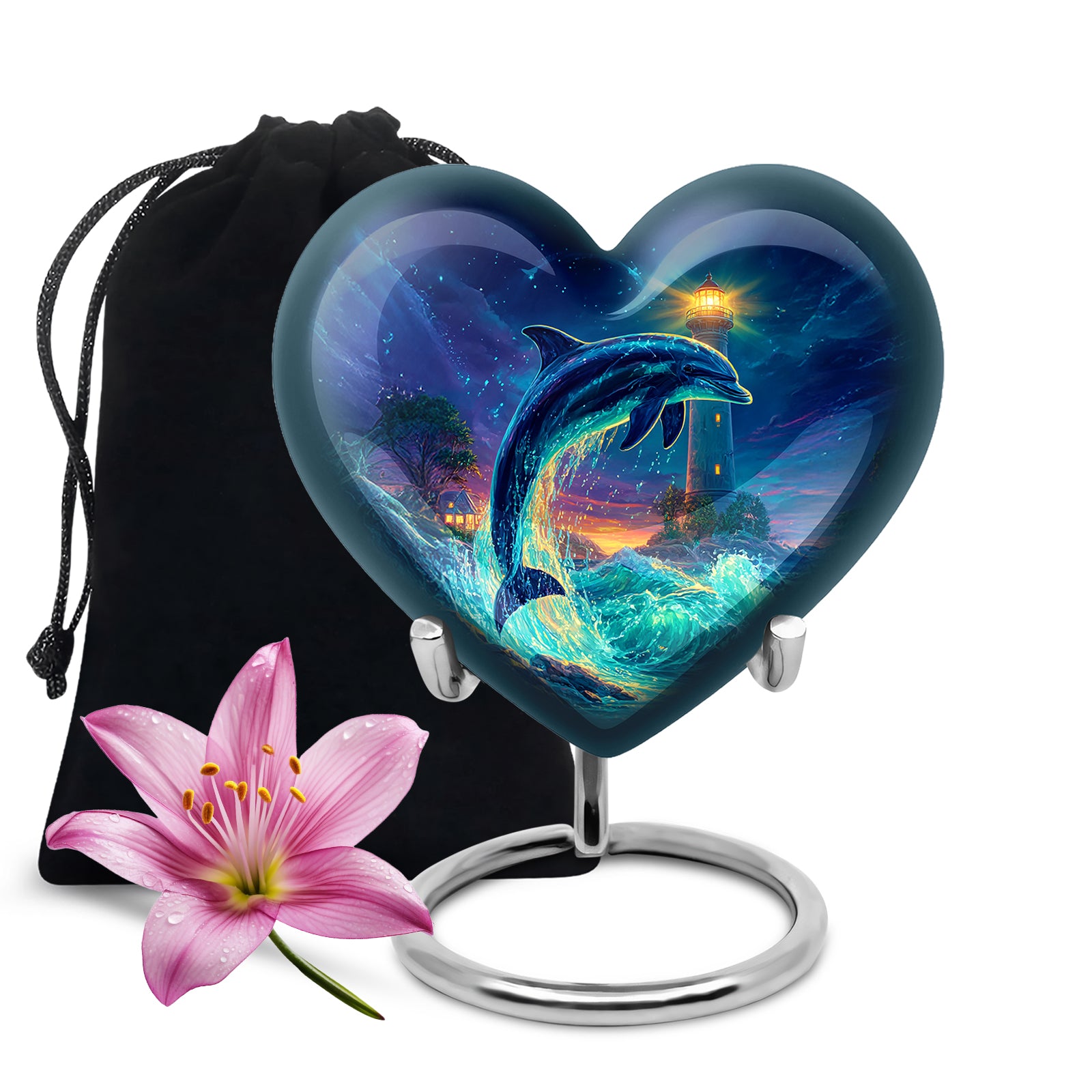 Sky Blue Dolphin Cremation Urn detail view - heart-shaped dolphin design symbolizing eternal love - full-size 10 inch 200 cubic inch adult cremation urn