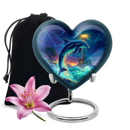 Sky Blue Dolphin Cremation Urn detail view - heart-shaped dolphin design symbolizing eternal love - full-size 10 inch 200 cubic inch adult cremation urn