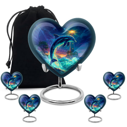 Soft Blue Dolphin Cremation Urn close-up of engraving and surface detail - romantic heart urn with dolphin motif on aluminum - memorial set with one large and four small urns