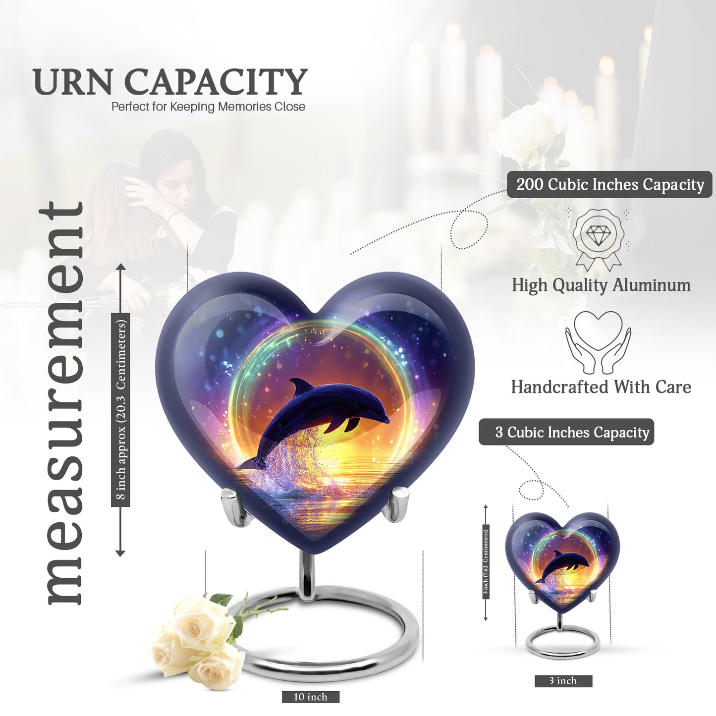 Bright Blue Dolphin Cremation Urn front view showing detailed design - romantic heart urn with dolphin motif on aluminum - mini keepsake memorial for portion of cremation ashes