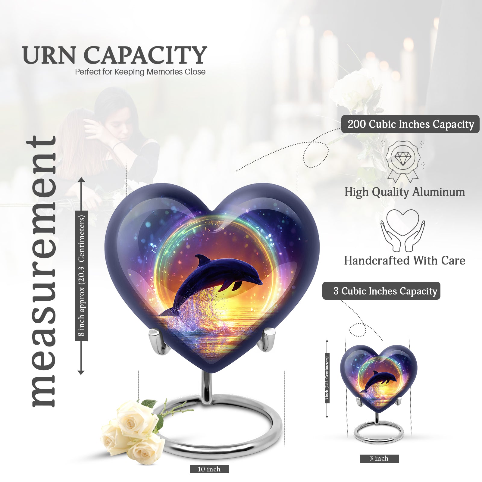 Bright Blue Dolphin Cremation Urn front view showing detailed design - romantic heart urn with dolphin motif on aluminum - mini keepsake memorial for portion of cremation ashes