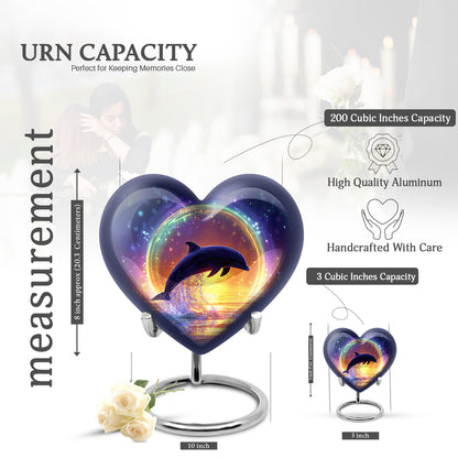 Bright Blue Dolphin Cremation Urn front view showing detailed design - romantic heart urn with dolphin motif on aluminum - mini keepsake memorial for portion of cremation ashes