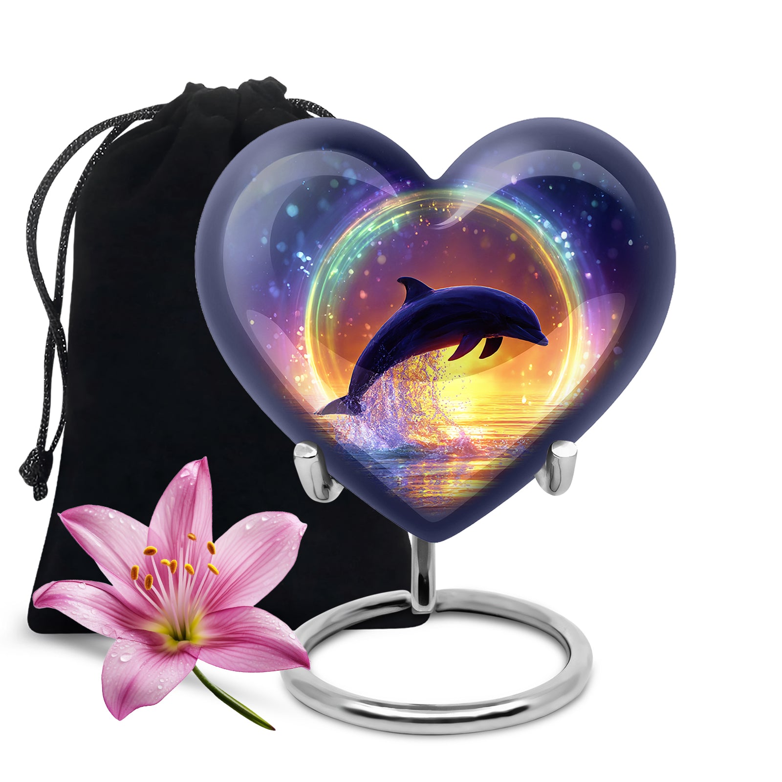 Vivid Blue Dolphin Cremation Urn detail view - romantic heart urn with dolphin motif on aluminum - full-size 10 inch 200 cubic inch adult cremation urn