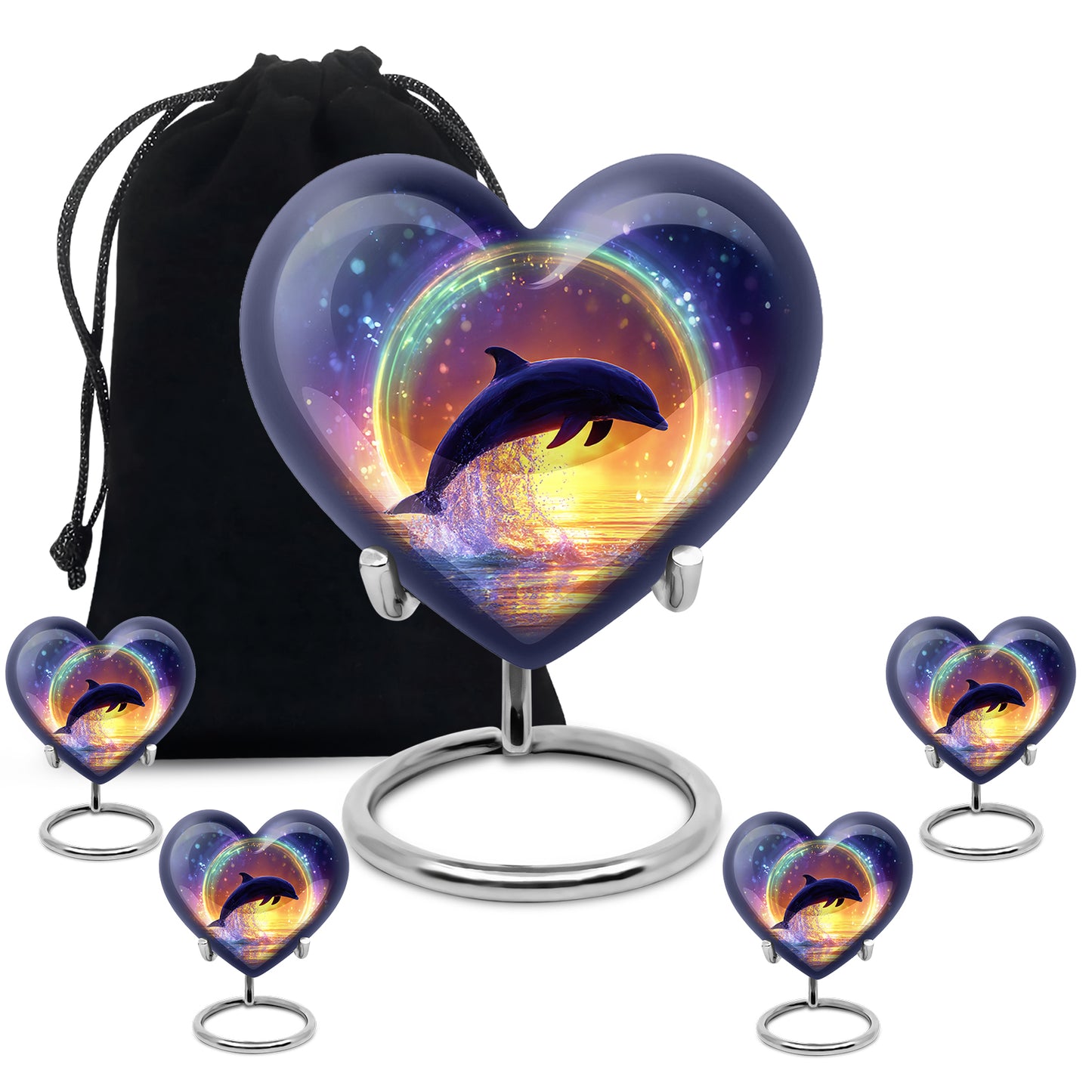 Royal Blue Dolphin Cremation Urn close-up of engraving and surface detail - compassionate heart-dolphin combination with gentle curves - memorial set with one large and four small urns