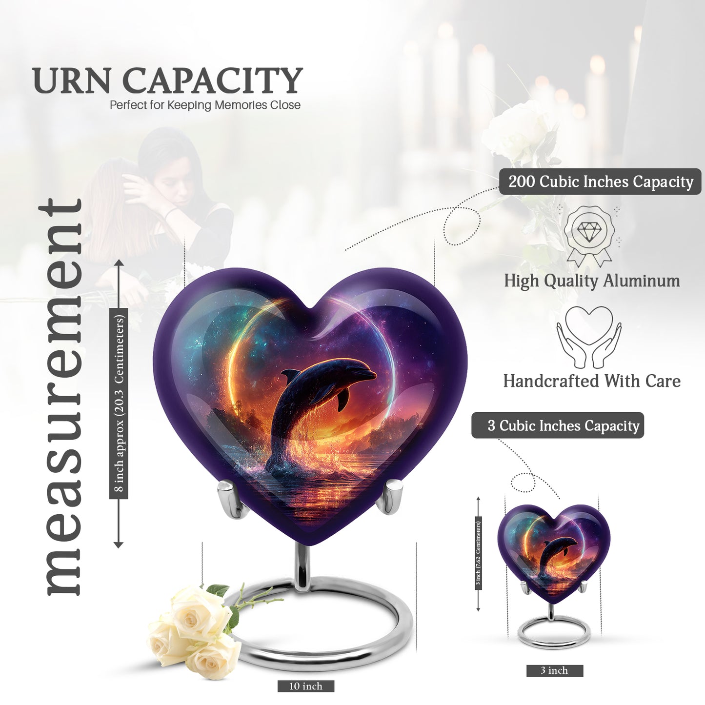 Bright Blue Dolphin Cremation Urn front view showing detailed design - compassionate heart-dolphin combination with gentle curves - mini keepsake memorial for portion of cremation ashes