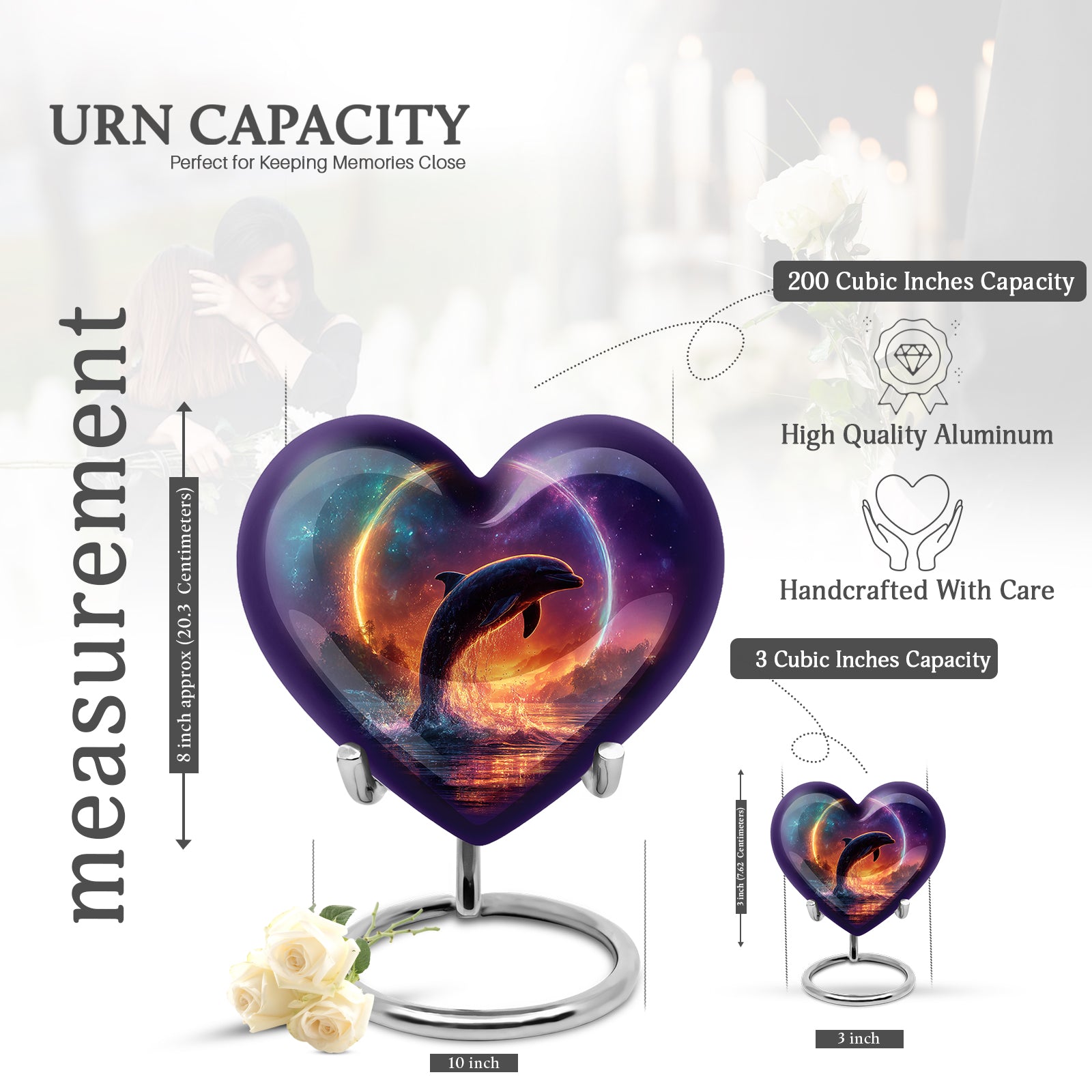 Bright Blue Dolphin Cremation Urn front view showing detailed design - compassionate heart-dolphin combination with gentle curves - mini keepsake memorial for portion of cremation ashes