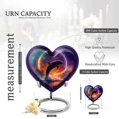 Bright Blue Dolphin Cremation Urn front view showing detailed design - compassionate heart-dolphin combination with gentle curves - mini keepsake memorial for portion of cremation ashes