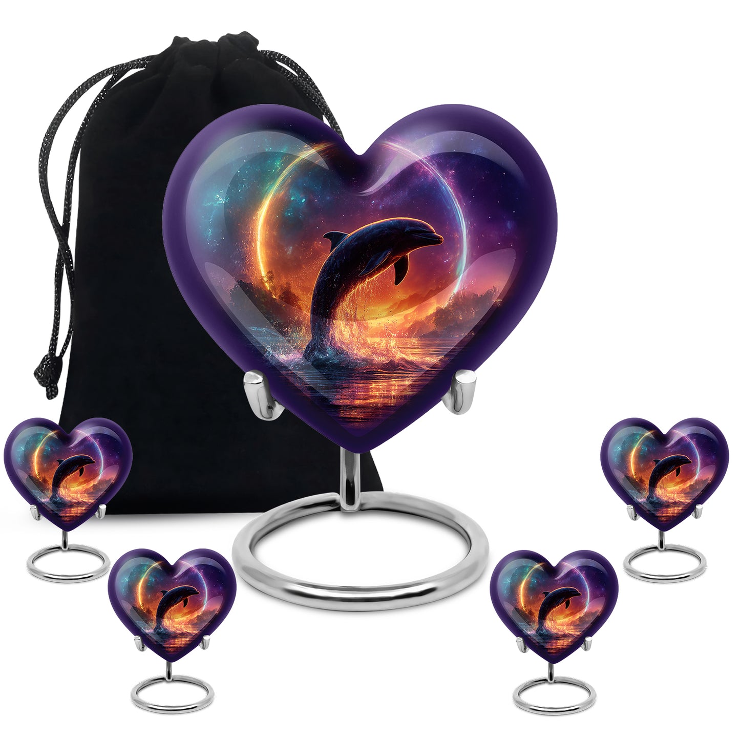 Indigo Dolphin Cremation Urn close-up of engraving and surface detail - heart-shaped dolphin design symbolizing eternal love - memorial set with one large and four small urns