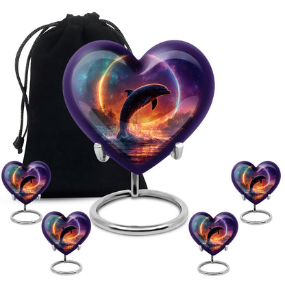 Indigo Dolphin Cremation Urn close-up of engraving and surface detail - heart-shaped dolphin design symbolizing eternal love - memorial set with one large and four small urns