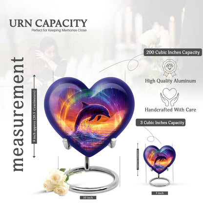 Cornflower Blue Dolphin Cremation Urn front view showing detailed design - compassionate heart-dolphin combination with gentle curves - mini keepsake memorial for portion of cremation ashes