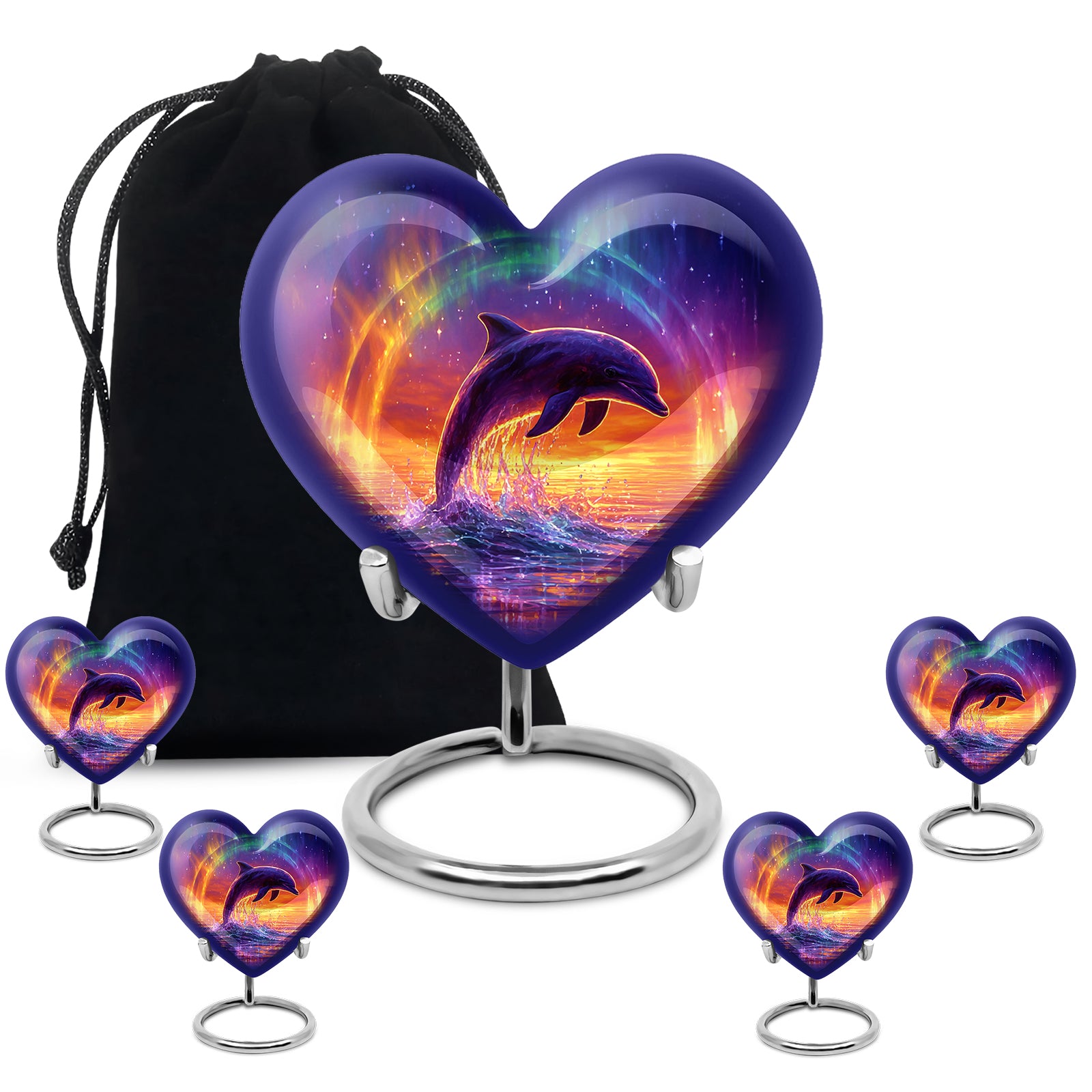 Sky Blue Dolphin Cremation Urn close-up of engraving and surface detail - heart-shaped dolphin design symbolizing eternal love - memorial set with one large and four small urns