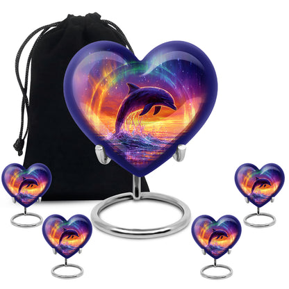 Sky Blue Dolphin Cremation Urn close-up of engraving and surface detail - heart-shaped dolphin design symbolizing eternal love - memorial set with one large and four small urns