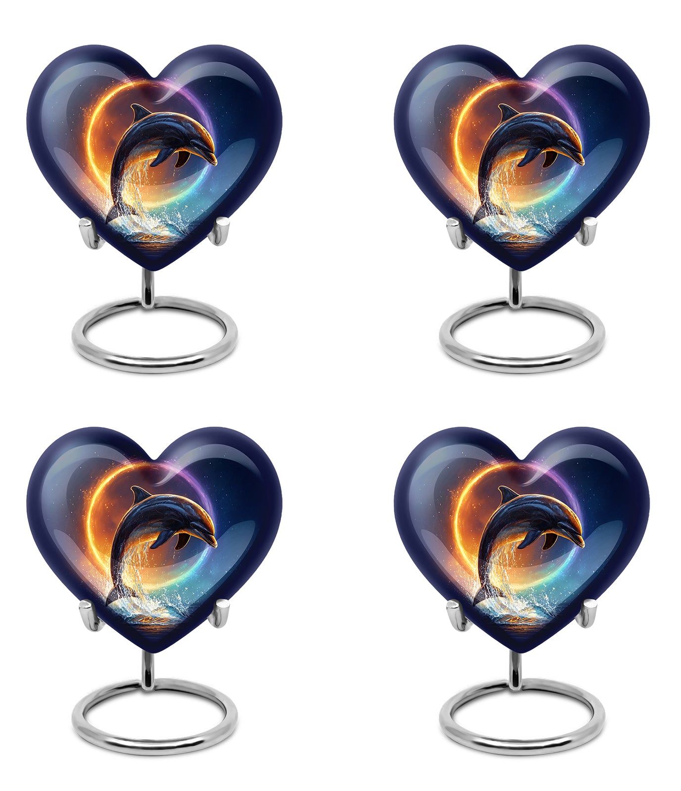 Calming Blue Dolphin Cremation Urn angled view of lid and engraved motif - romantic heart urn with dolphin motif on aluminum - 10 inch aluminum urn for cremated remains