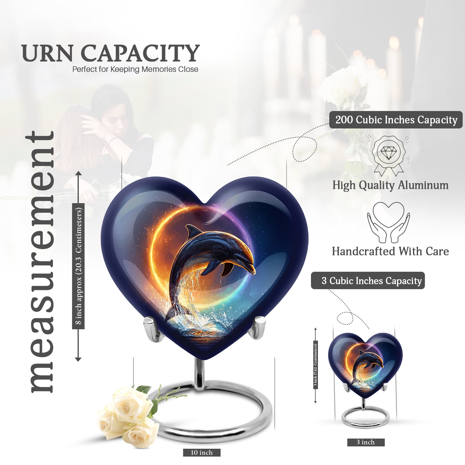 Serene Blue Dolphin Cremation Urn front view showing detailed design - romantic heart urn with dolphin motif on aluminum - mini keepsake memorial for portion of cremation ashes