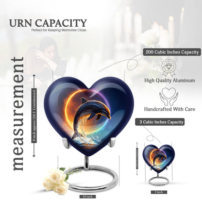Serene Blue Dolphin Cremation Urn front view showing detailed design - romantic heart urn with dolphin motif on aluminum - mini keepsake memorial for portion of cremation ashes