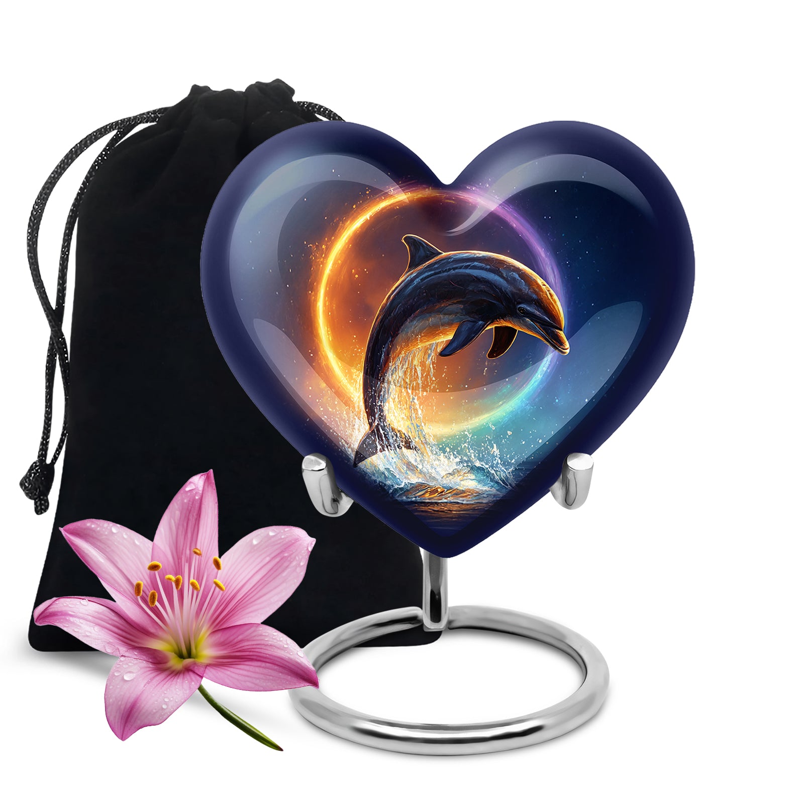 Navy Blue Dolphin Cremation Urn detail view - loving heart memorial featuring dolphin pattern - full-size 10 inch 200 cubic inch adult cremation urn