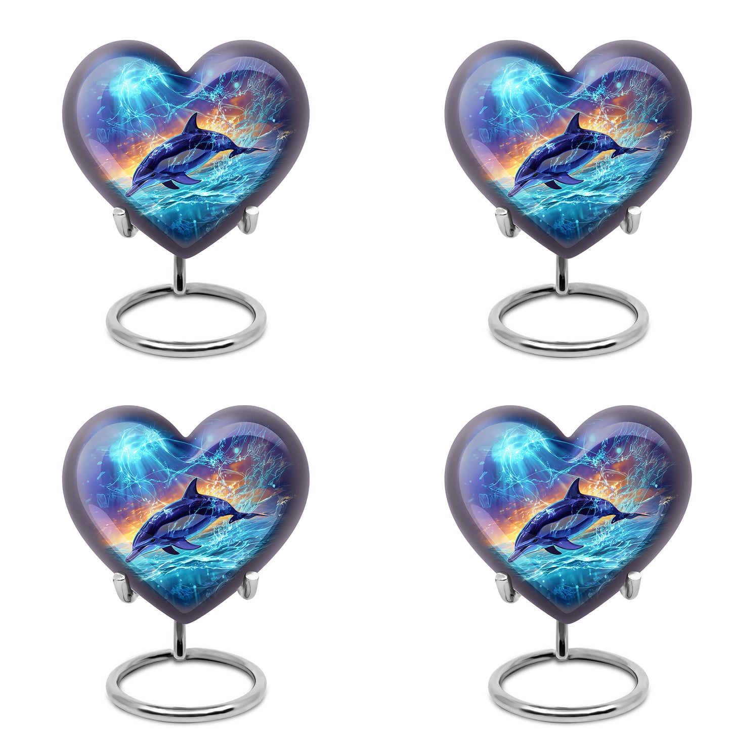 Indigo Dolphin Cremation Urn angled view of lid and engraved motif - loving heart memorial featuring dolphin pattern - 10 inch aluminum urn for cremated remains