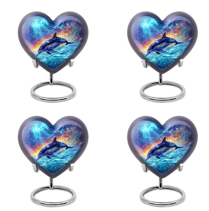 Indigo Dolphin Cremation Urn angled view of lid and engraved motif - loving heart memorial featuring dolphin pattern - 10 inch aluminum urn for cremated remains