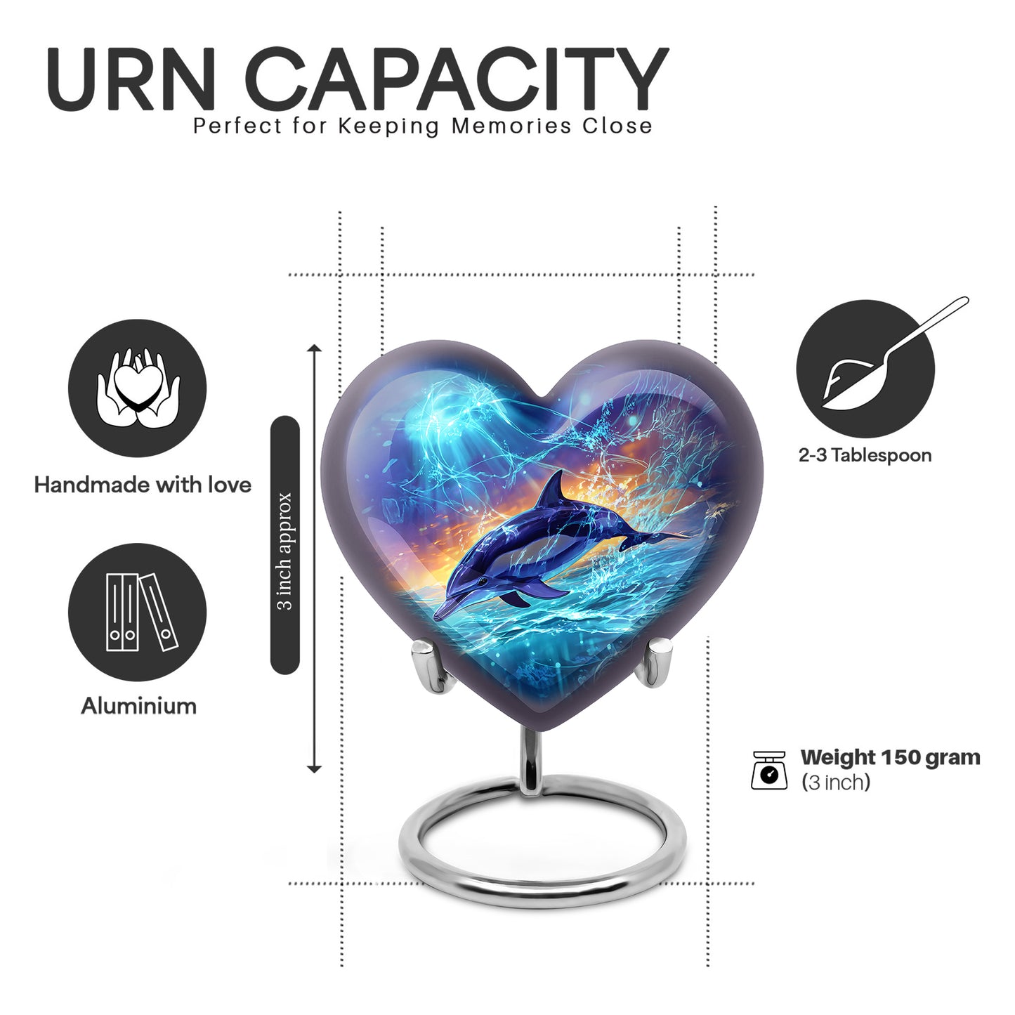 Misty Blue Dolphin Cremation Urn front view showing detailed design - heart-shaped dolphin design symbolizing eternal love - mini keepsake memorial for portion of cremation ashes